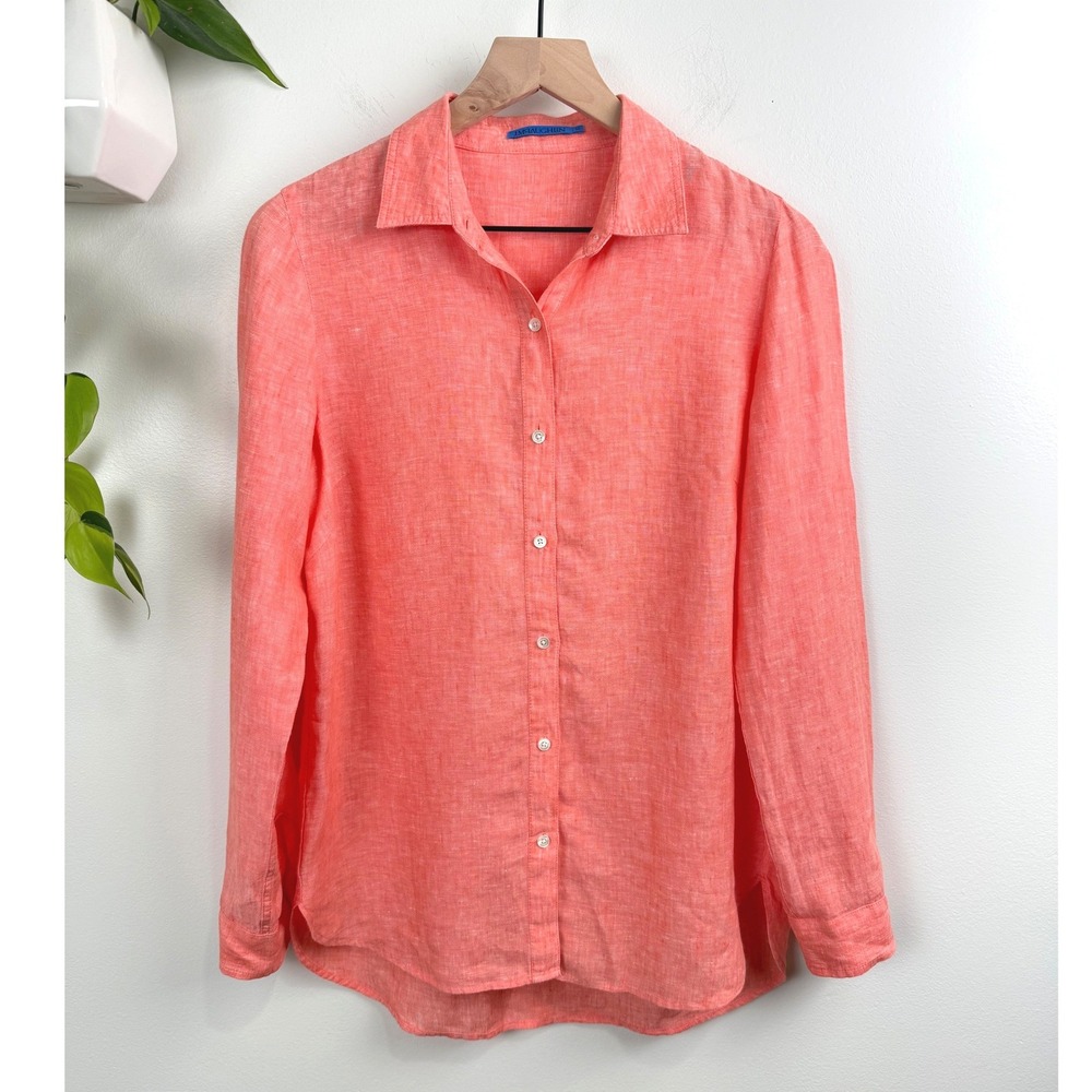 J.McLaughlin Women Coral Pink Orange 100% Linen Button Down Shirt XS Coastal